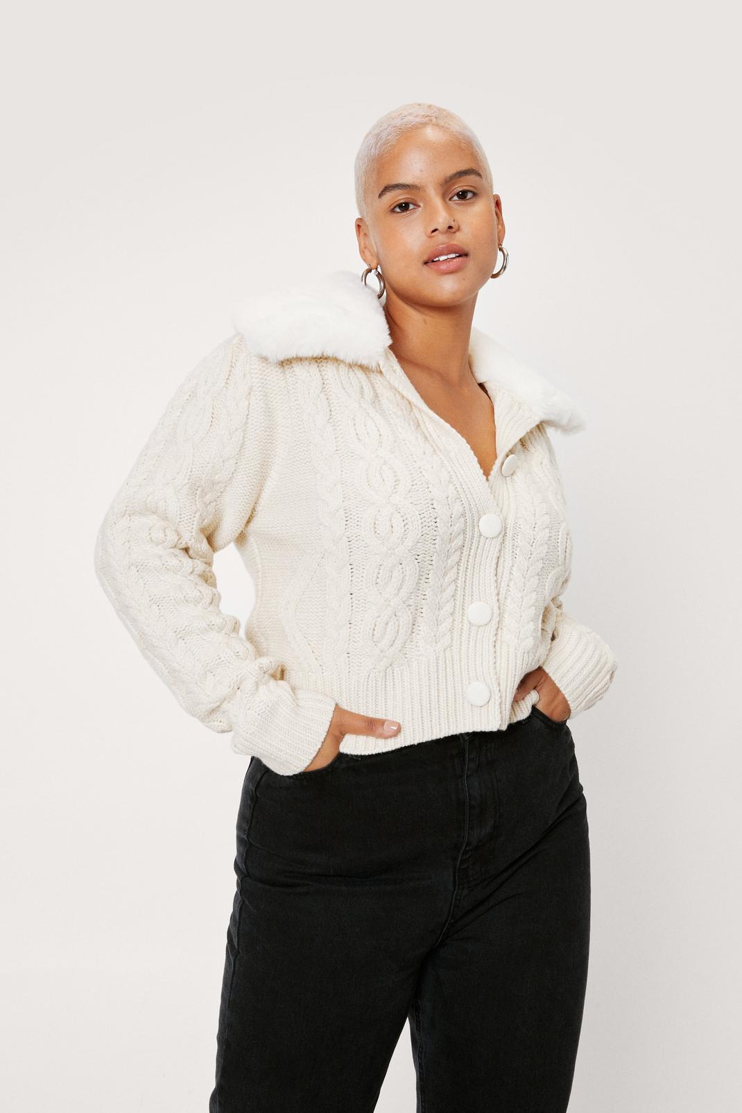 Plus Size Faux Fur Collar Cable Knit Cardigan image number 1