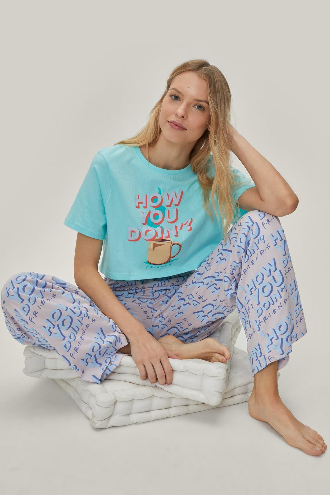 Grey How You Doing Friends Graphic Wide Leg Pyjama Set image number 1