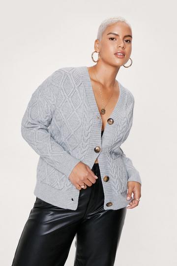 Grey Plus Size Cable Knitted Button Down Cardigan