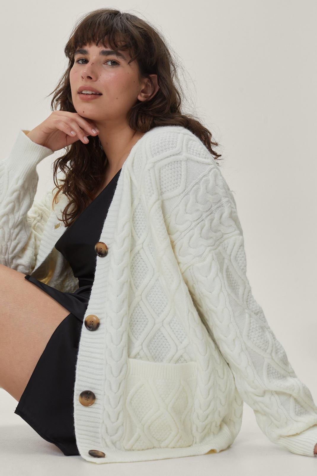 White Plus Size Cable Knitted Button Down Cardigan image number 1