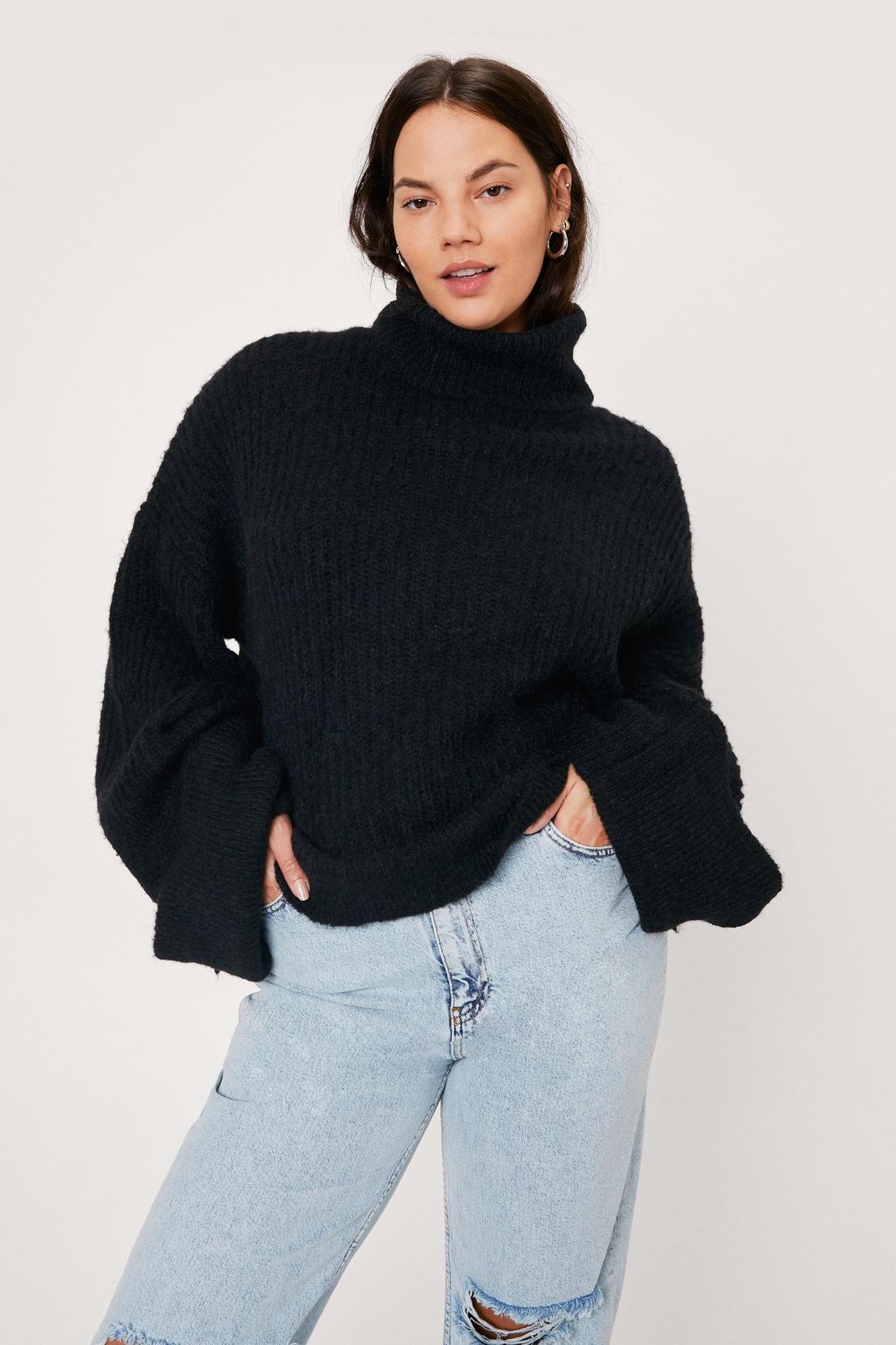 Black Plus Size Roll Neck Turn Back Cuff Sweater image number 1
