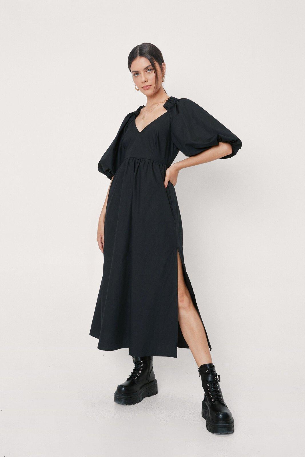 Poplin Pleated Shoulder Midi Smock Dress