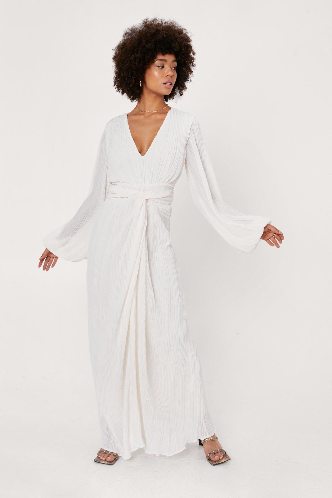 Ivory Pleated Fabric Twist Front Plunge Maxi Dress image number 1