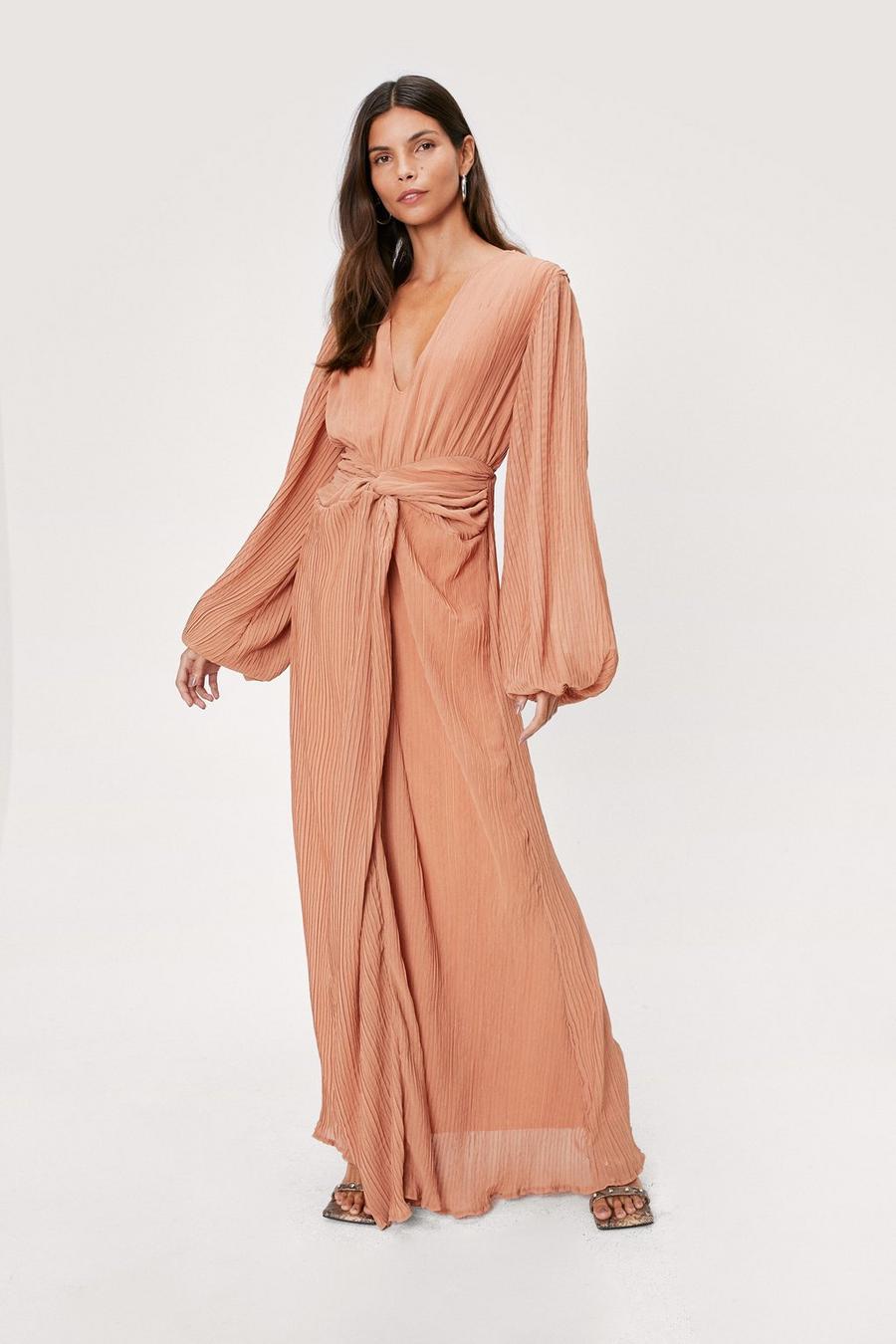 Pleated Fabric Twist Front Plunge Maxi Dress