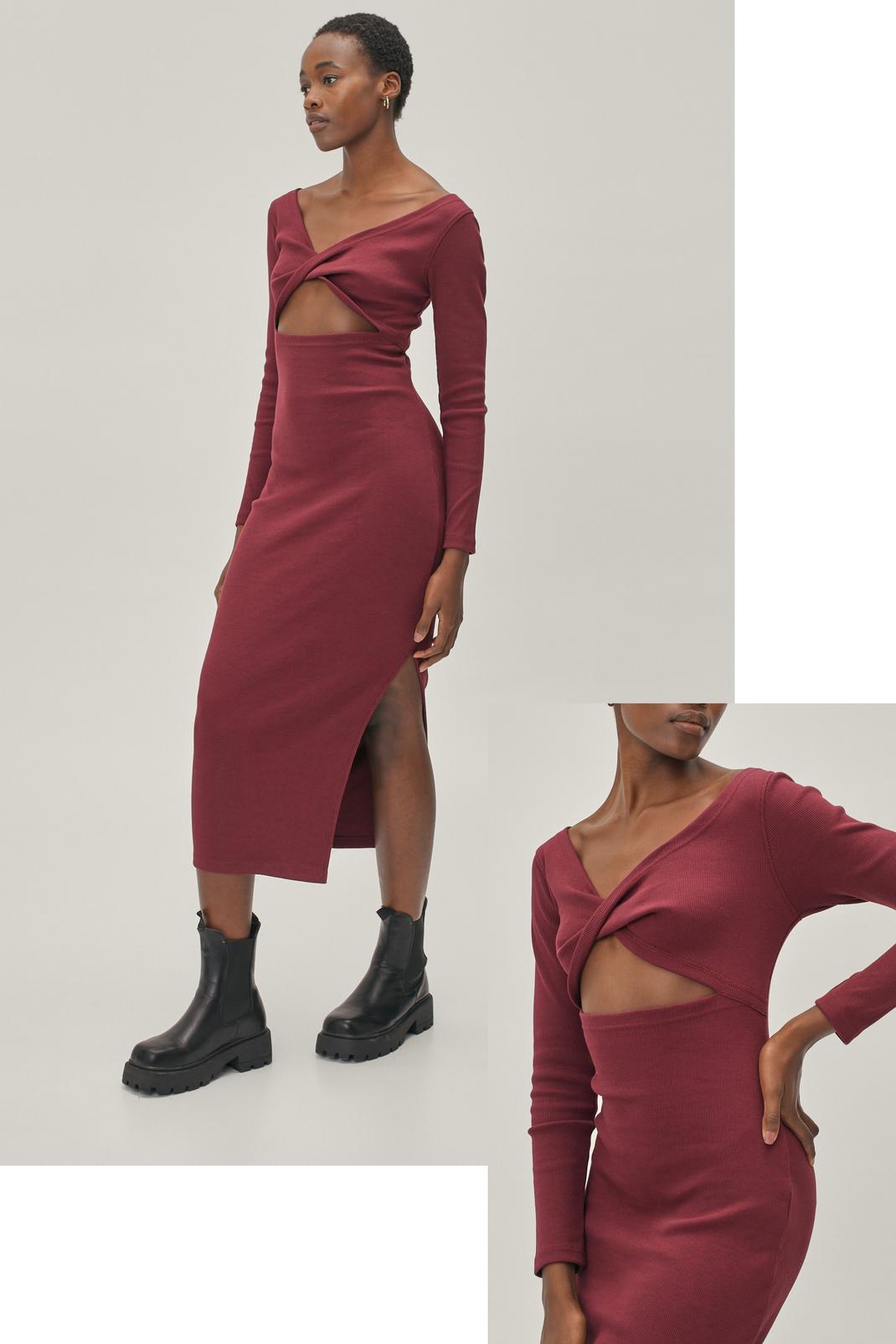 Burgundy Ribbed Twist Front Bodycon Midi Dress image number 1