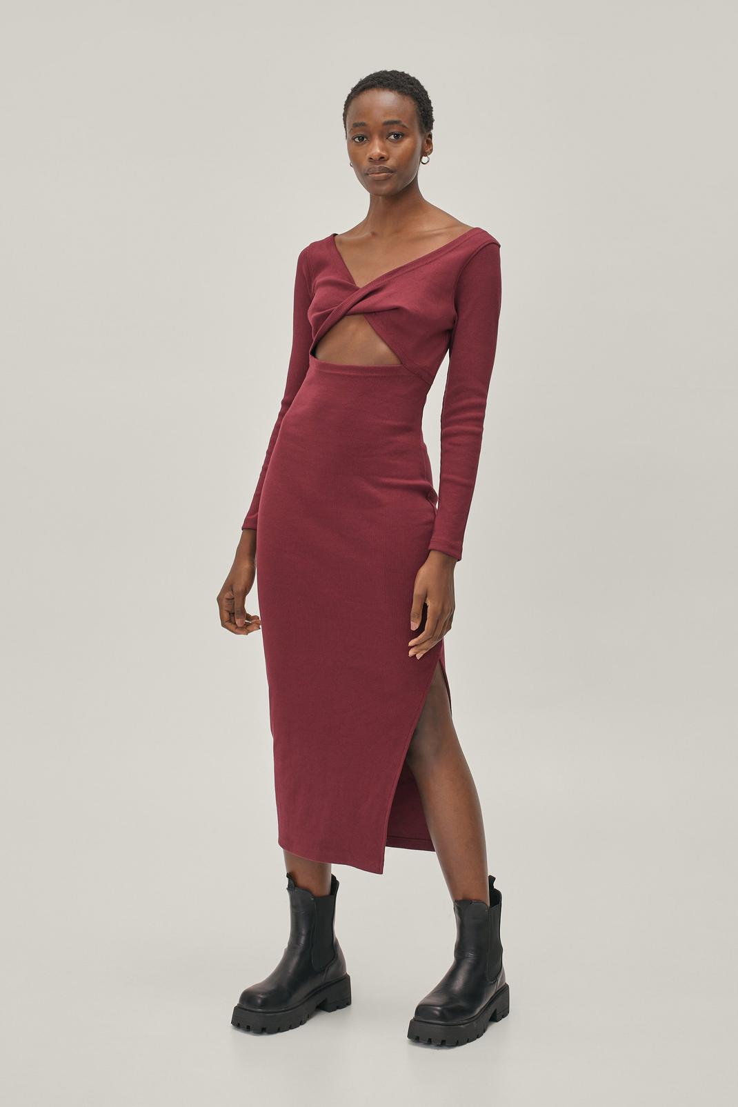 294 Ribbed Twist Front Bodycon Midi Dress image number 2