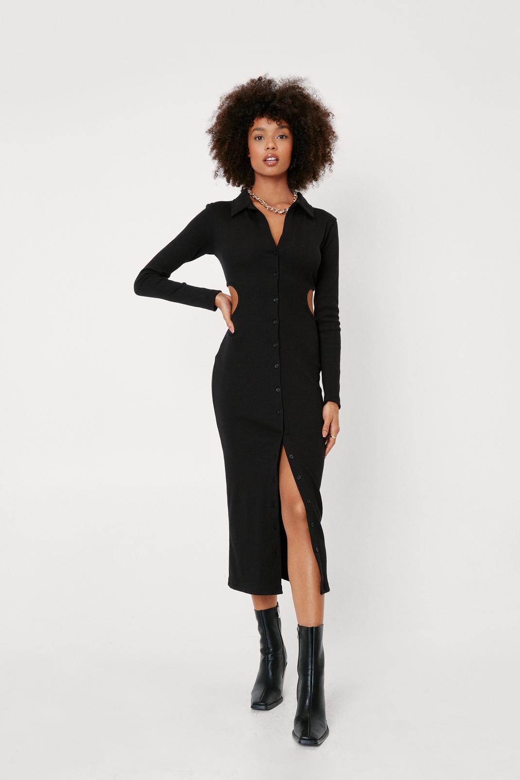 Black Cut Out Side Ribbed Midi Shirt Dress image number 1