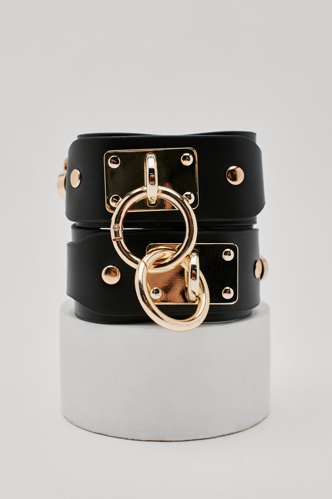 Black Faux Leather Buckle Detail Hand Cuffs image number 1