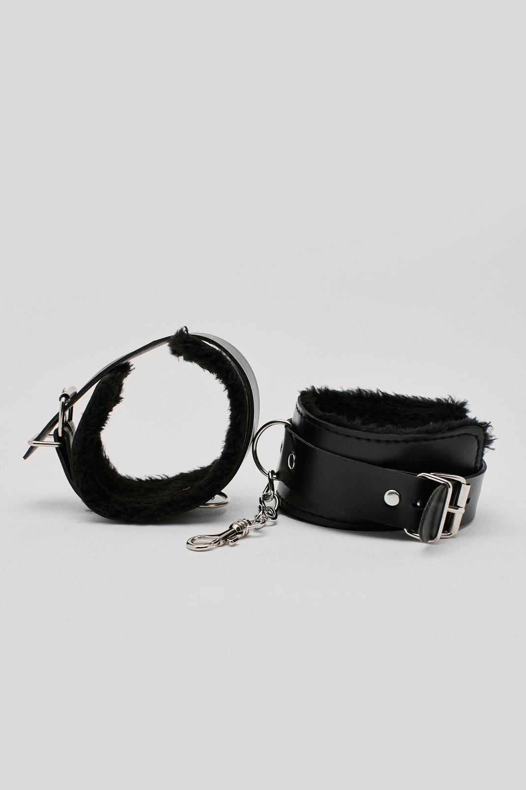Faux Leather Faux Fur Lined Hand Cuffs, Black image number 1
