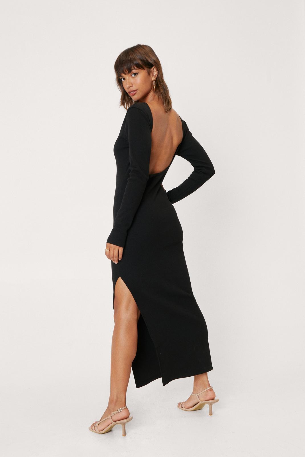 Black Ribbed Backless Bodycon Maxi Dress image number 1
