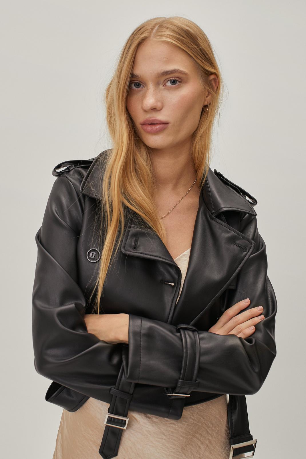 Black Petite Belted Faux Leather Cropped Trench Coat image number 1