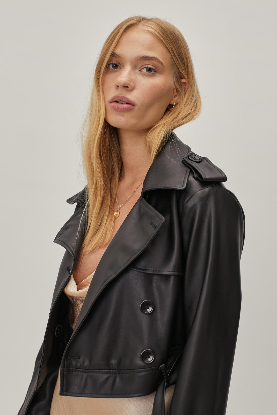 105 Petite Belted Faux Leather Cropped Trench Coat image number 2