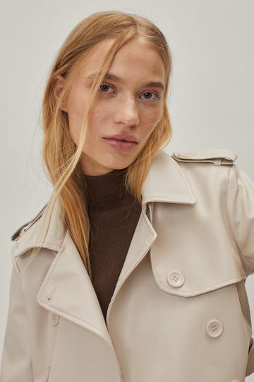 Petite Belted Faux Leather Cropped Trench Coat cream