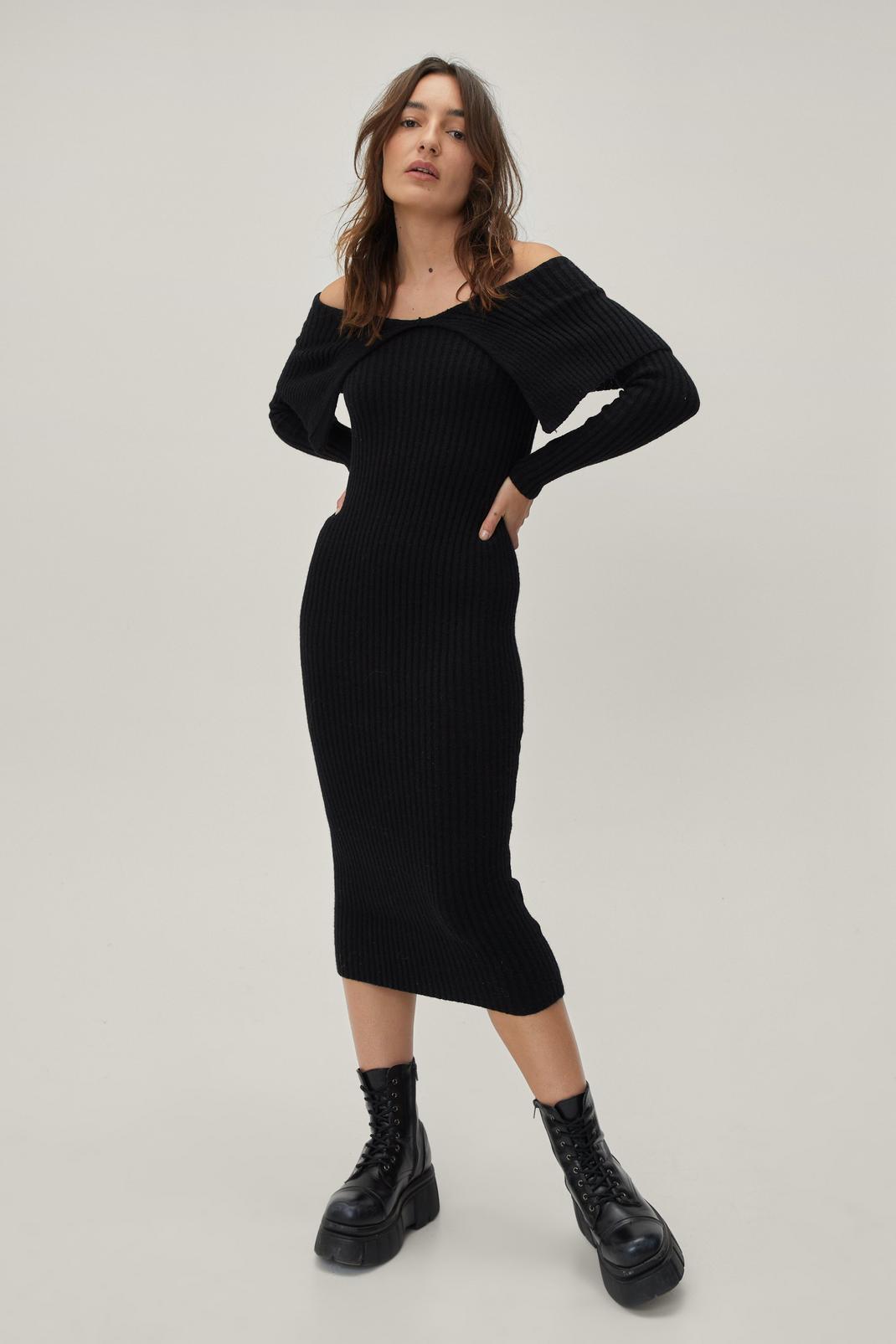 Black Petite Bardot Fold Over Knitted Midi Dress image number 1