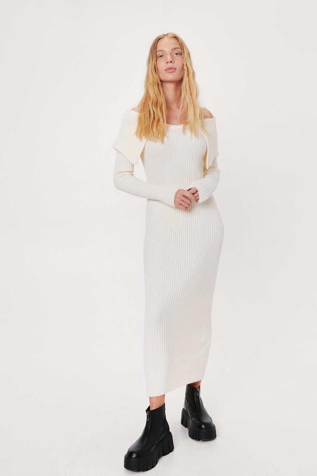 Cream Petite Bardot Fold Over Knitted Midi Dress image number 1