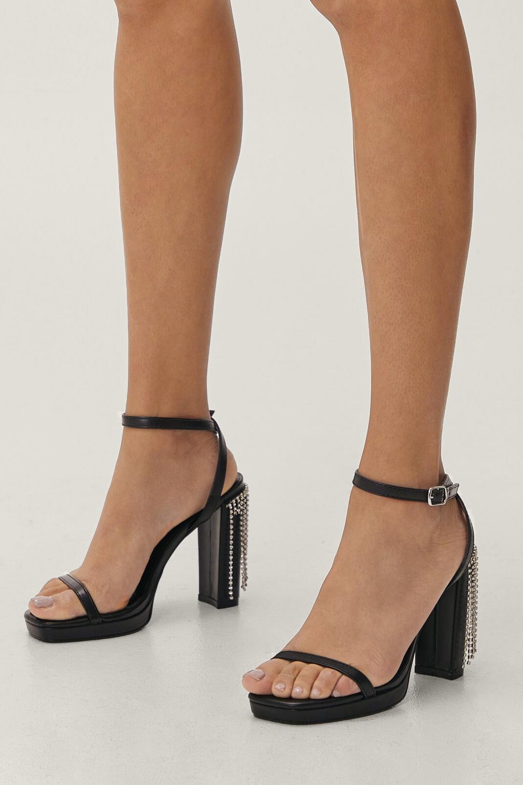 Black Faux Leather Strappy Diamante Fringe Heels image number 1