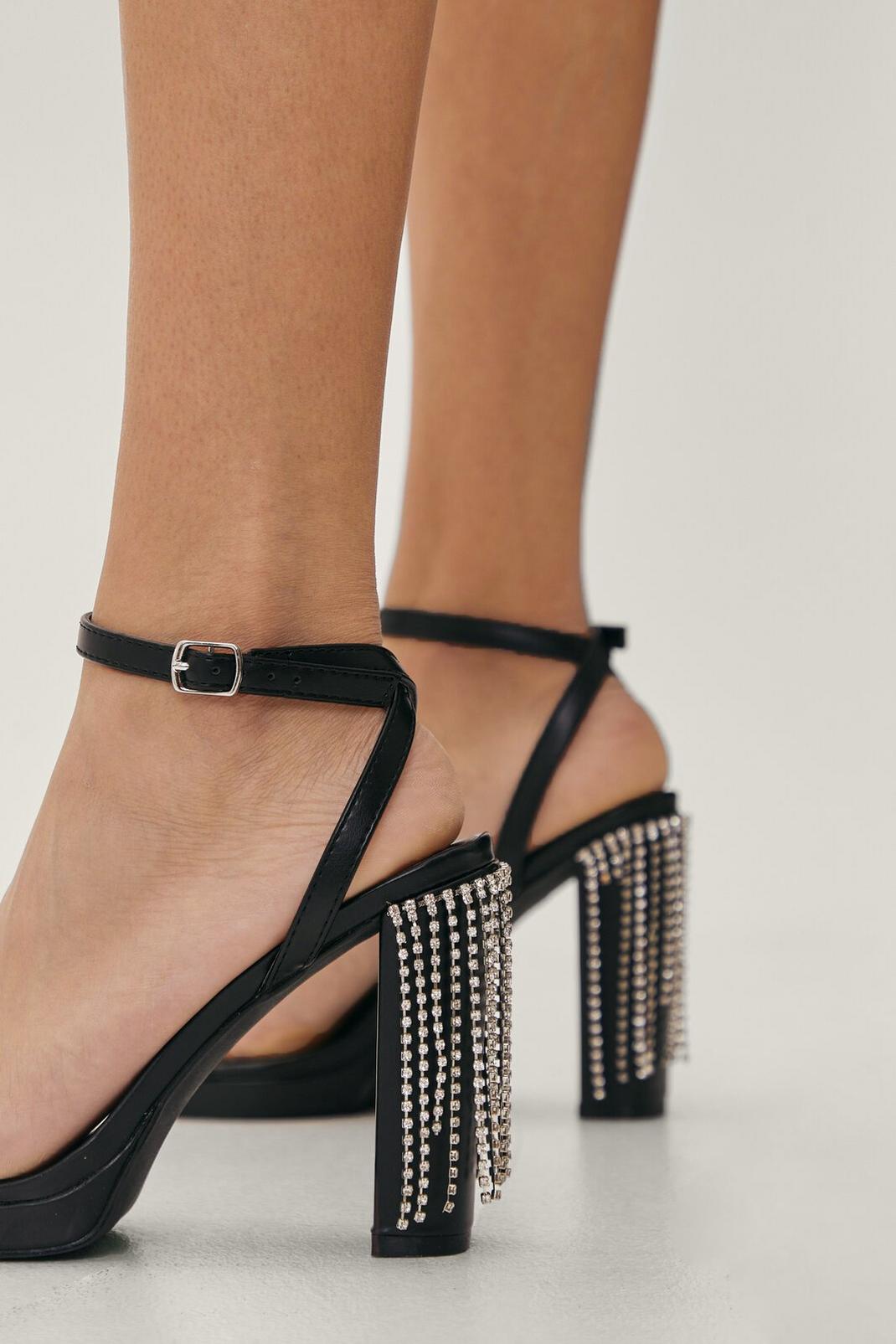 105 Faux Leather Strappy Diamante Fringe Heels image number 2