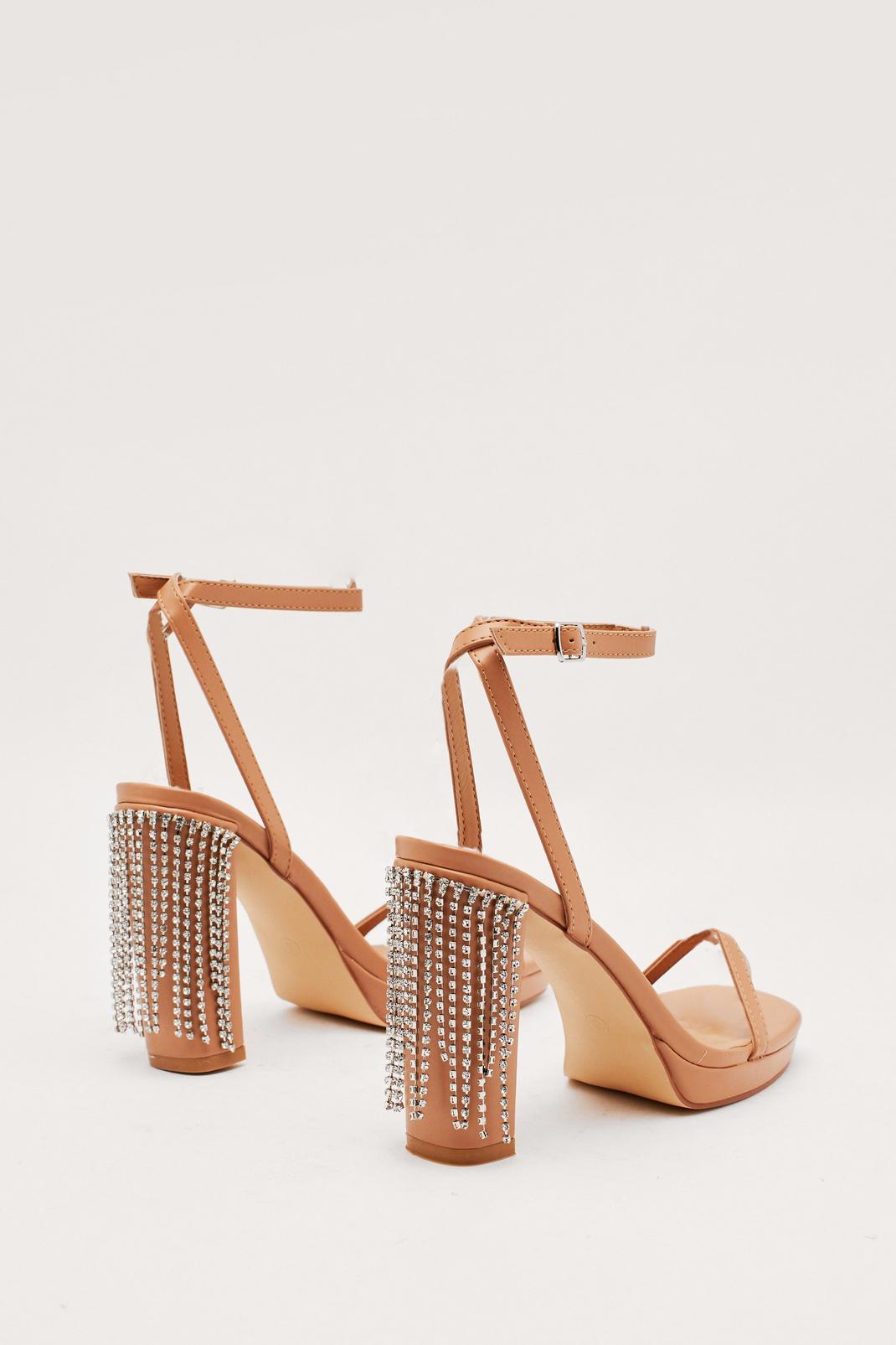 Nude Faux Leather Strappy Diamante Fringe Heels image number 1