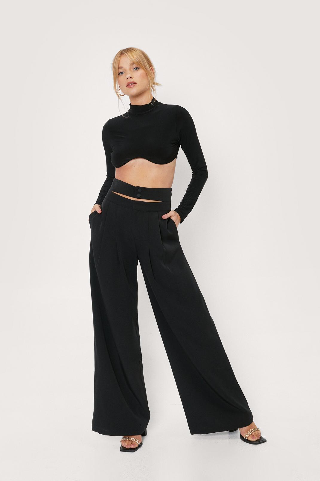 Black Petite Double Waistband Wide Leg Trousers image number 1