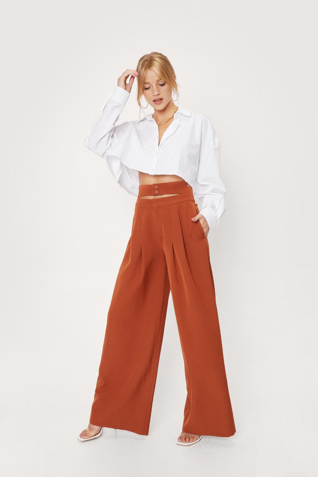 Chocolate Petite Double Waistband Wide Leg Trousers image number 1