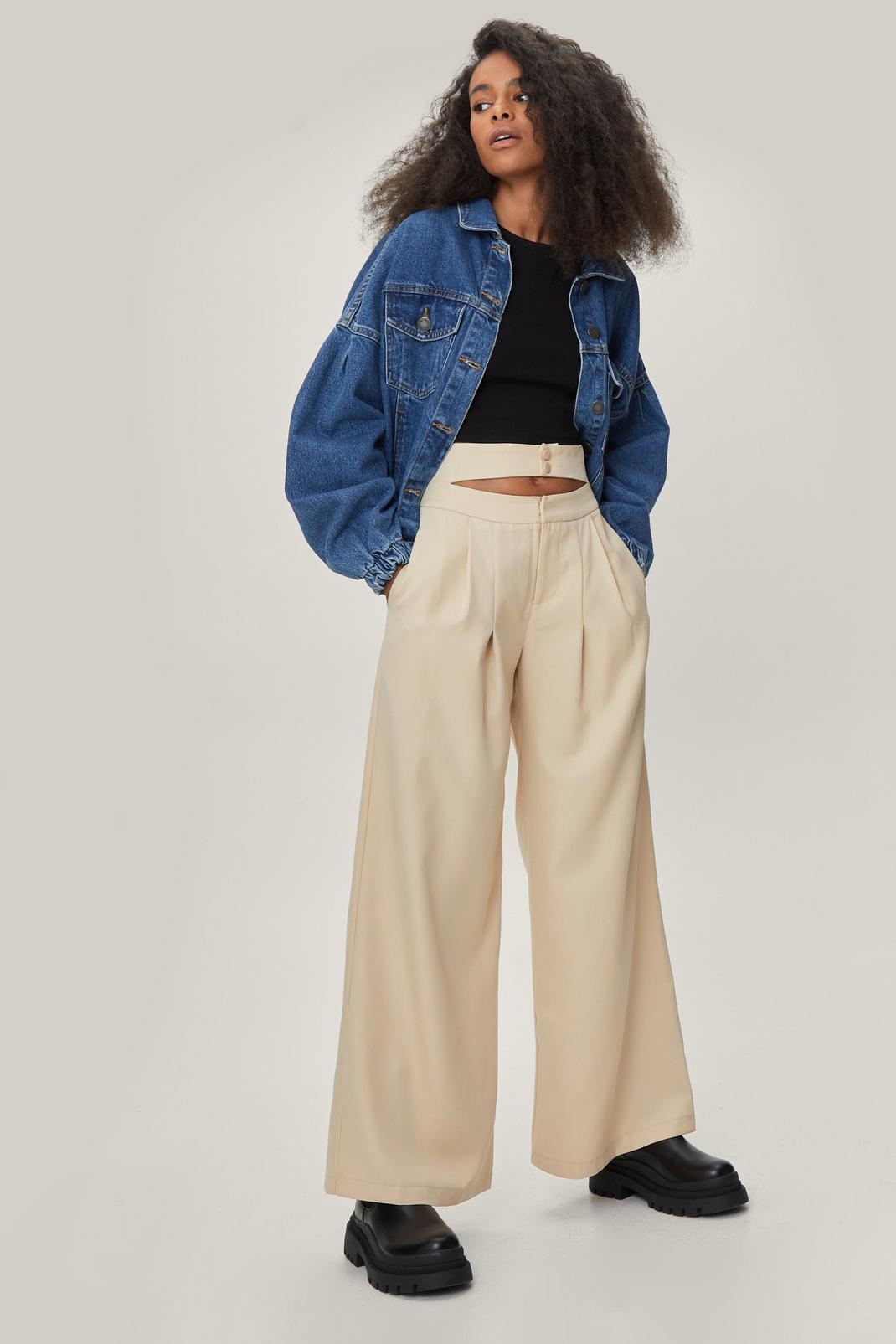 Ecru Petite Double Waistband Wide Leg Trousers image number 1