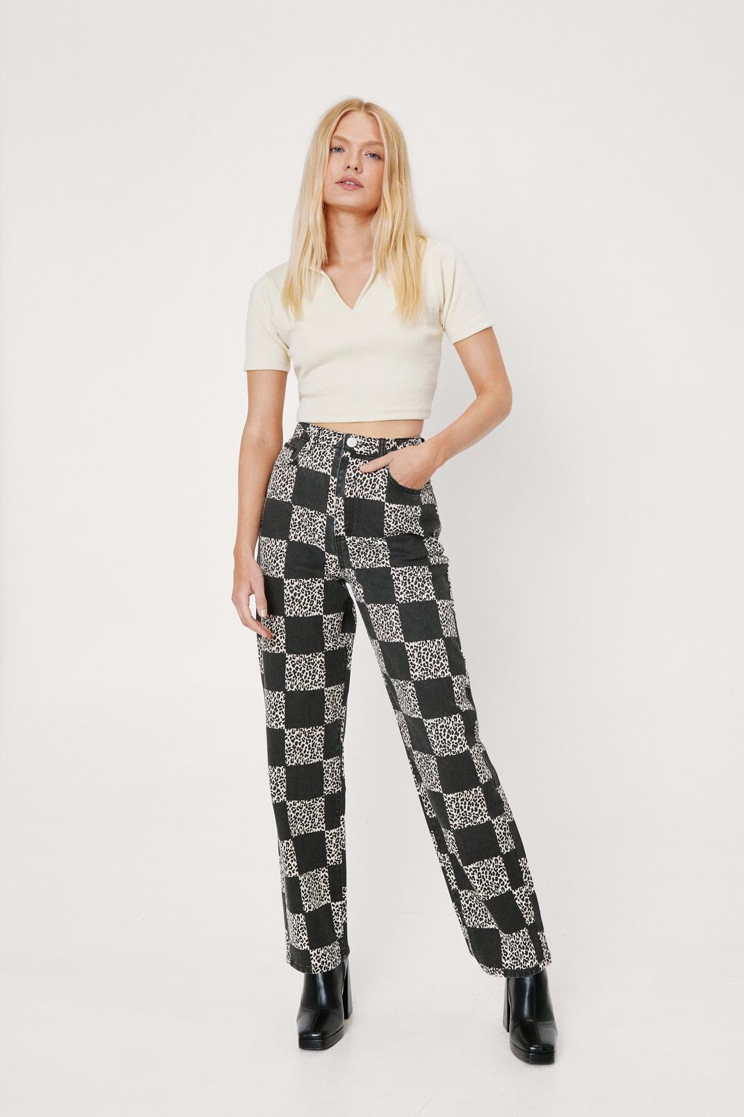 Leopard Print Checkerboard Straight Leg Denim Jeans image number 1