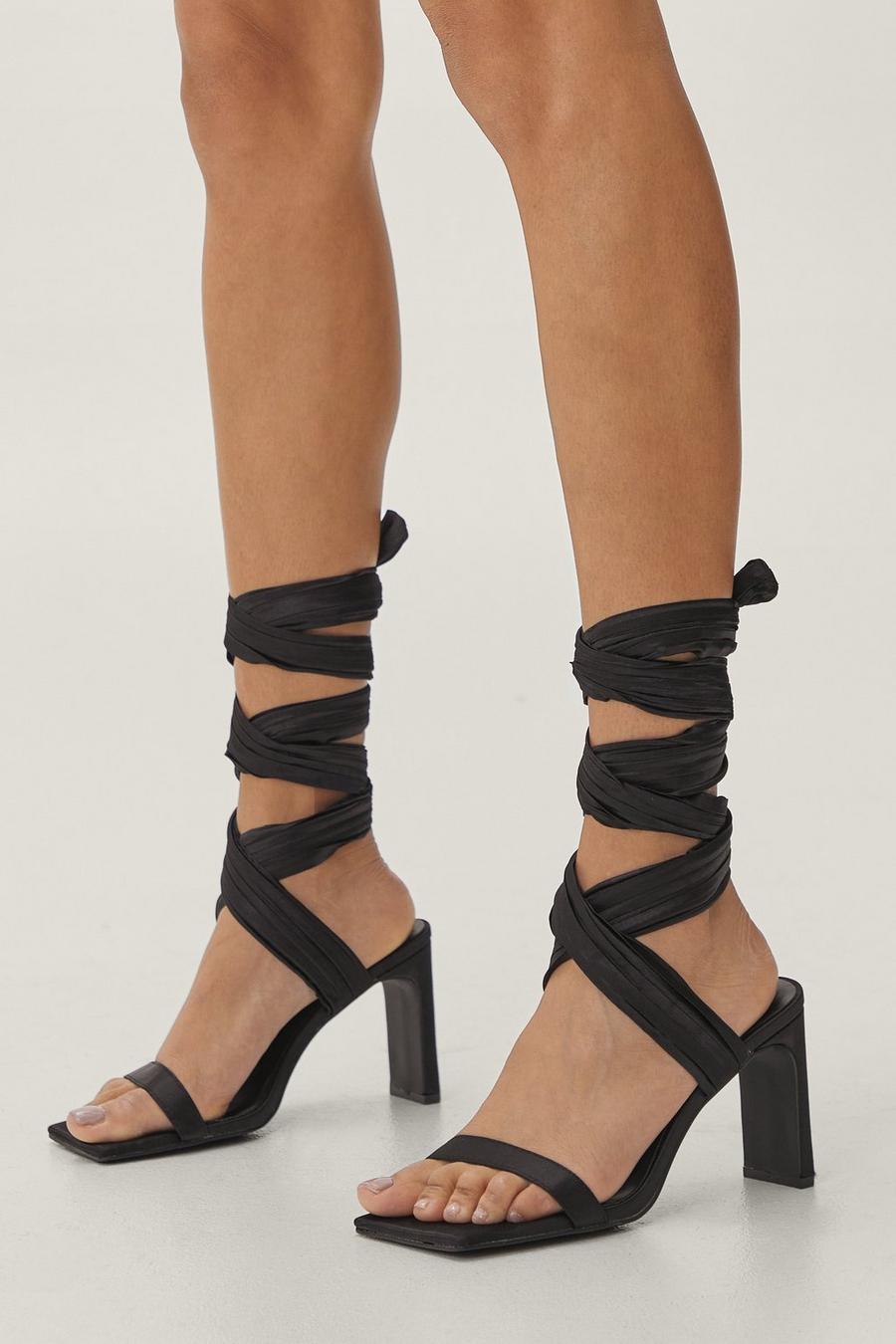 Satin Ankle Wrap Square Toe Heels