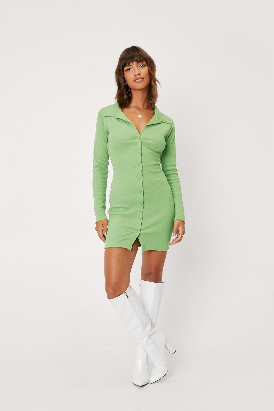 Green Ribbed Button Down Mini Shirt Dress image number 1