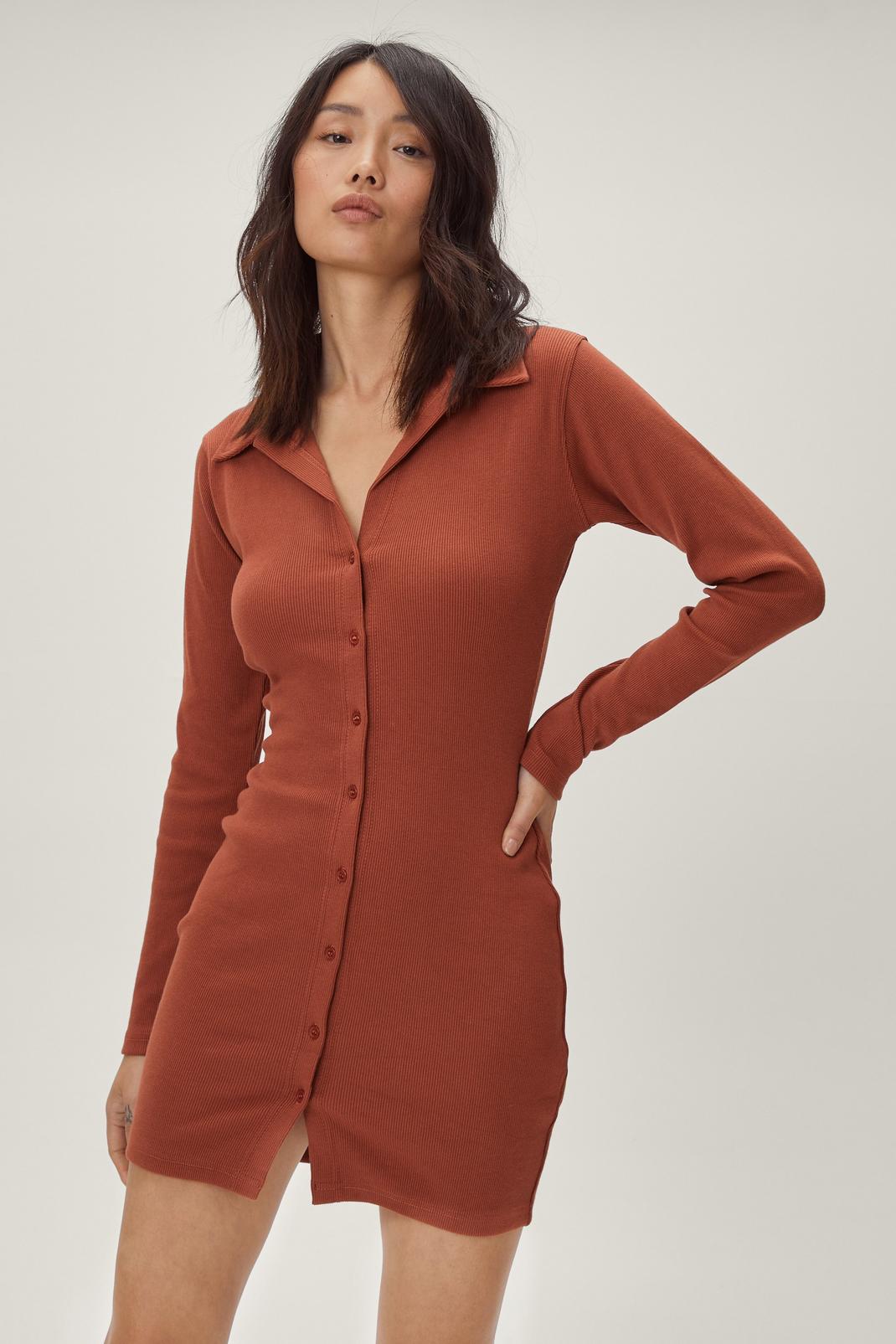 Rust Ribbed Button Down Mini Shirt Dress image number 1