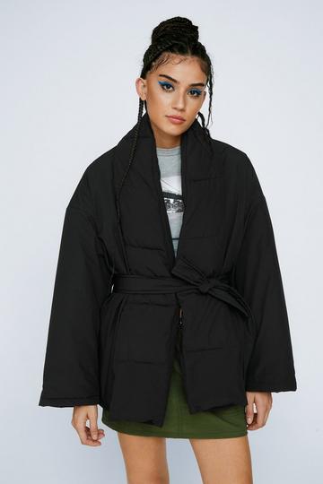 Black Oversized Padded Belted Long Sleeve Jacket