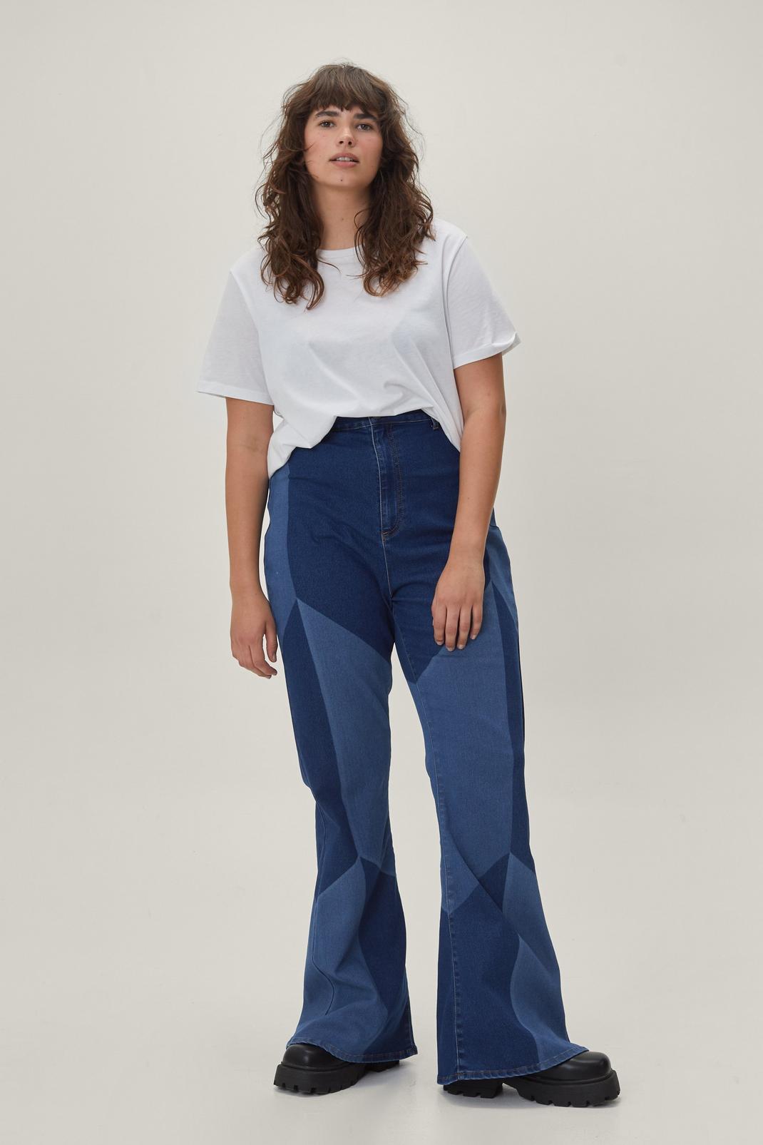 Blue Plus Size Patchwork Denim Flared Jeans  image number 1