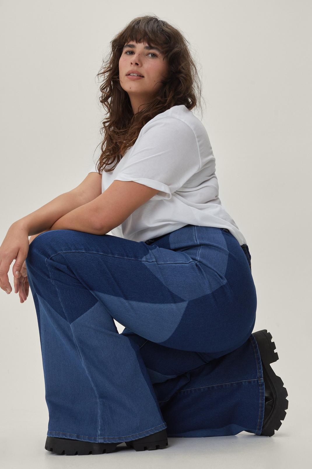 106 Plus Size Organic Patchwork Denim Flared Jeans image number 2