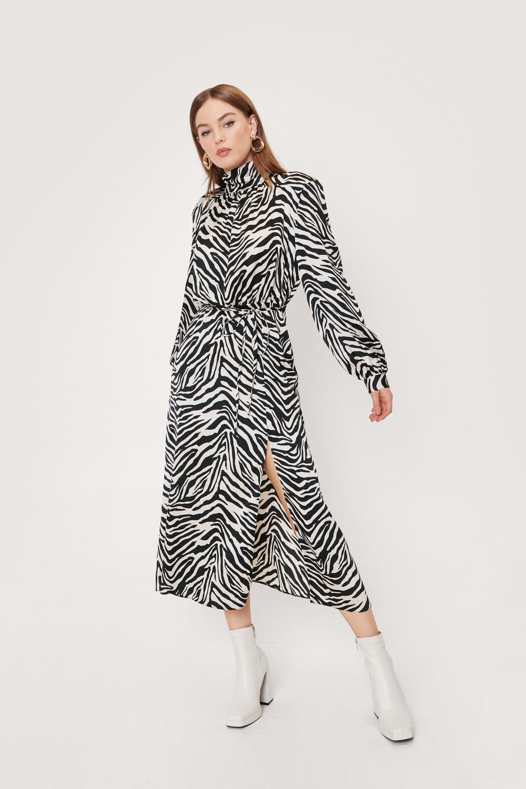 Black Zebra Print Satin High Neck Midi Dress image number 1
