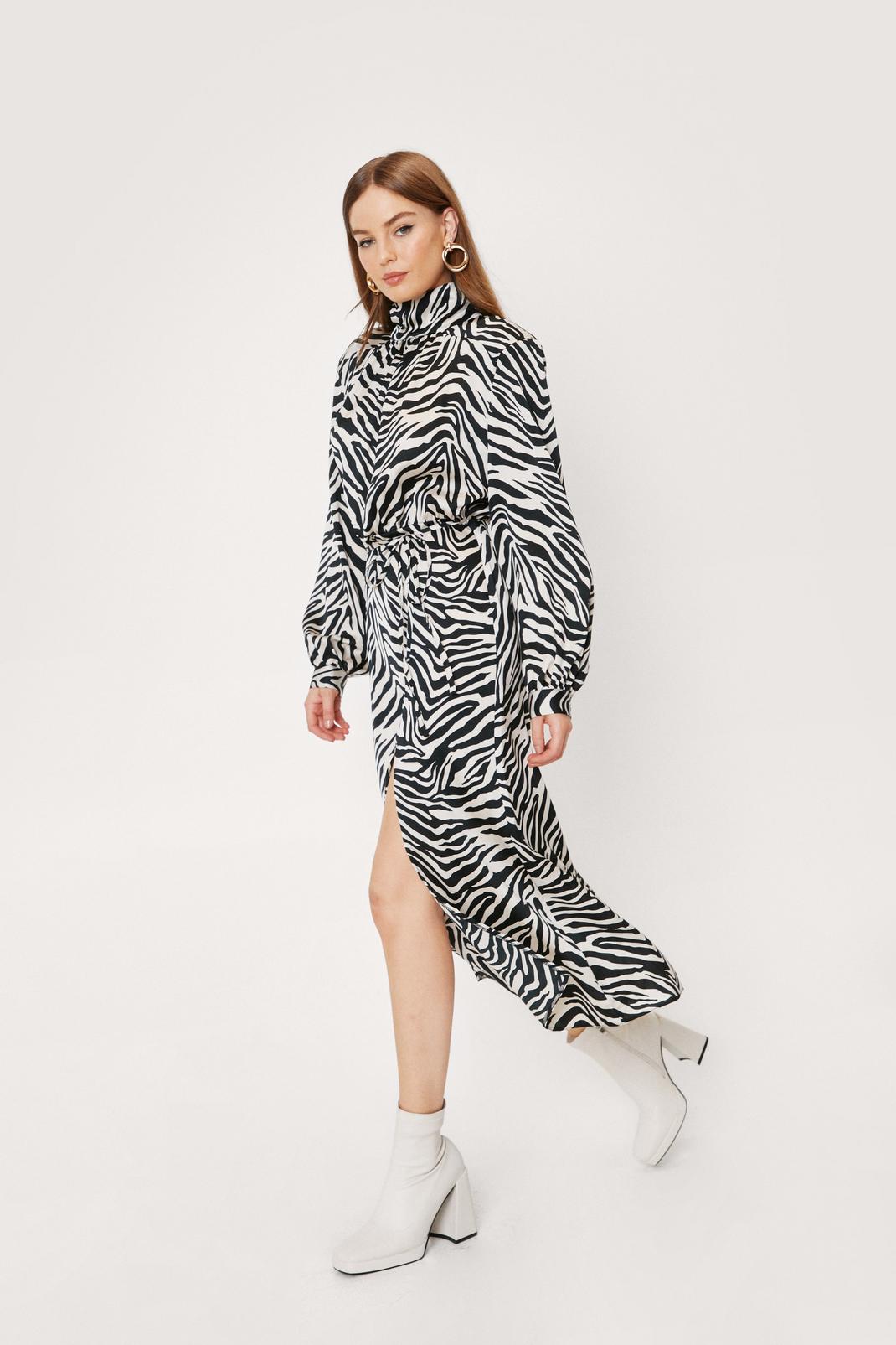 105 Zebra Print Satin High Neck Midi Dress image number 2