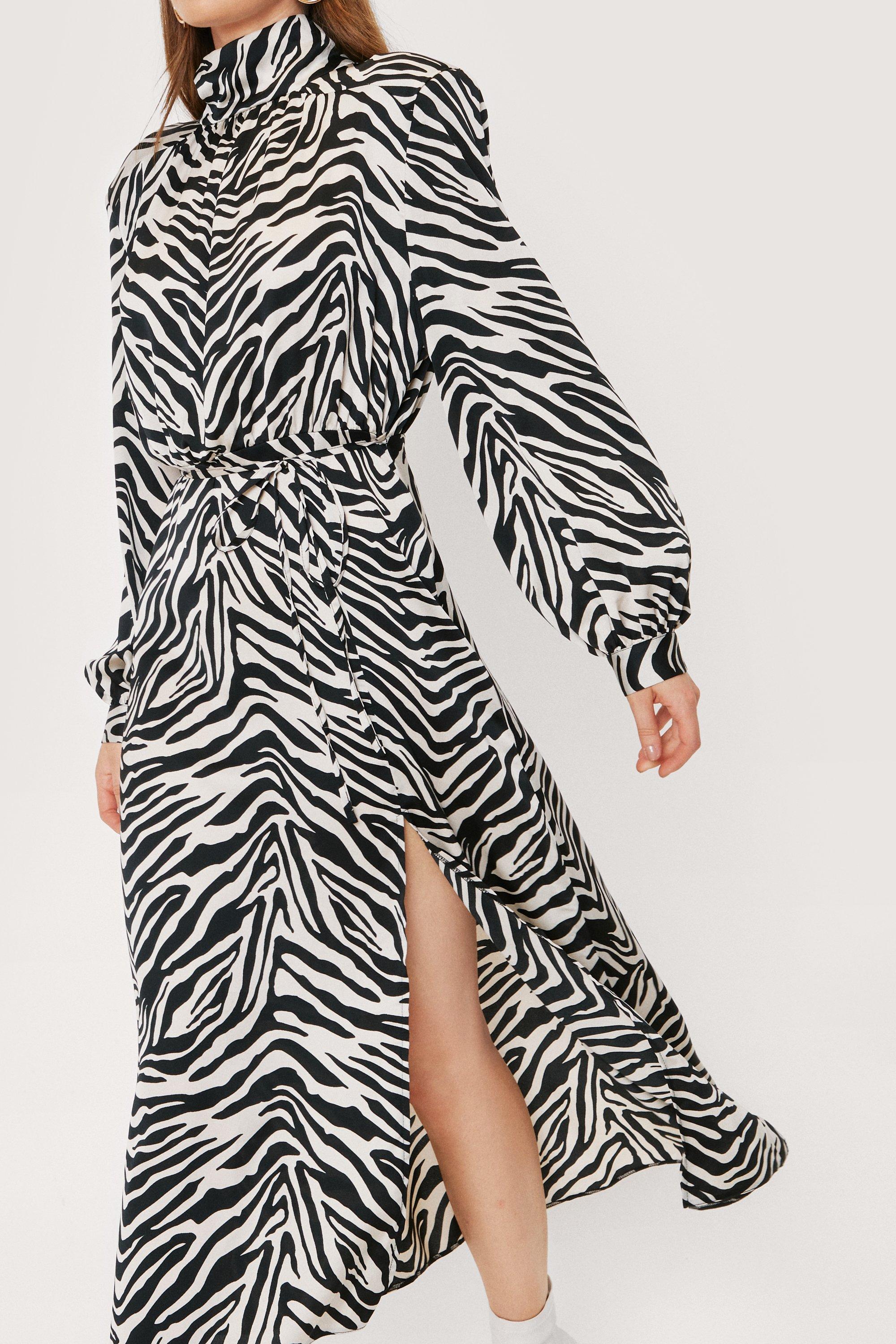 Zebra Print Satin High Neck Midi Dress ...