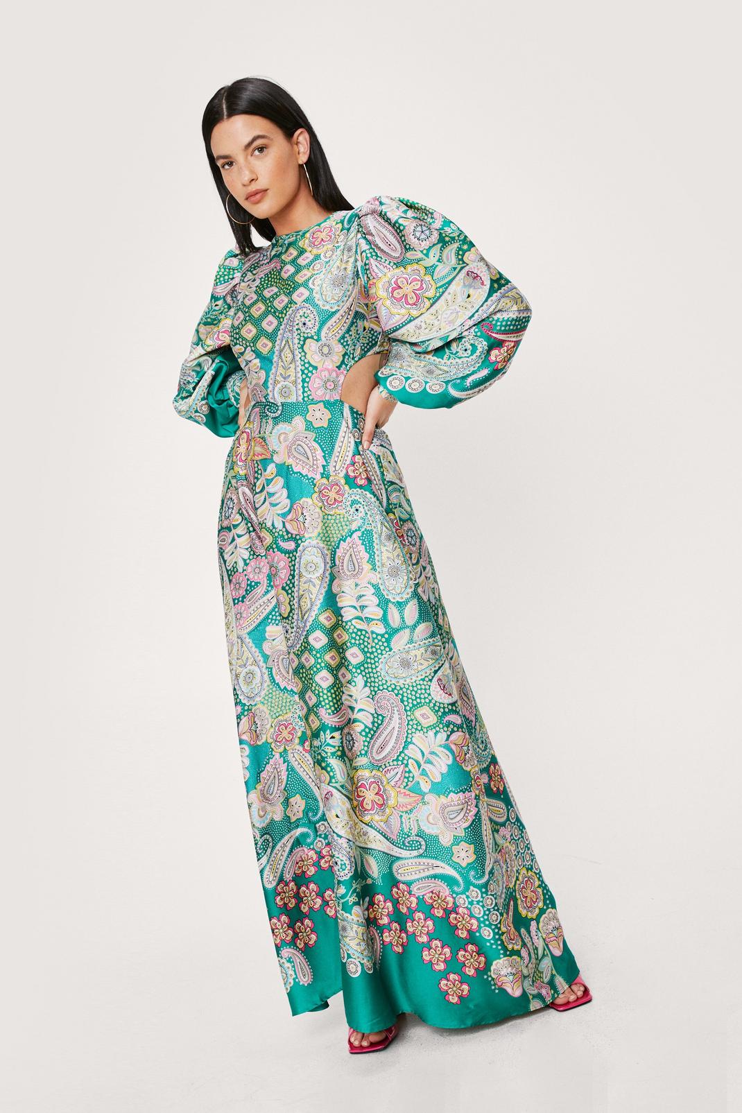 Green Balloon Sleeve Paisley Print Cut Out Maxi Dress image number 1
