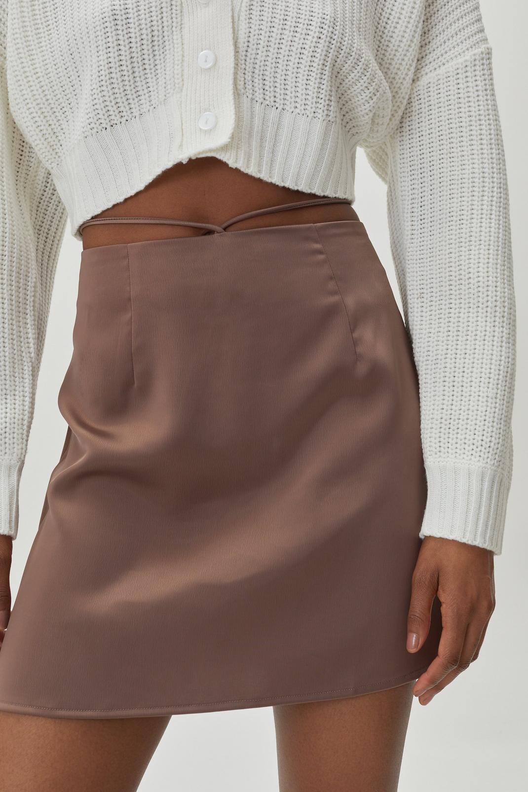 Chocolate Petite Satin Strappy High Waisted Mini Skirt image number 1