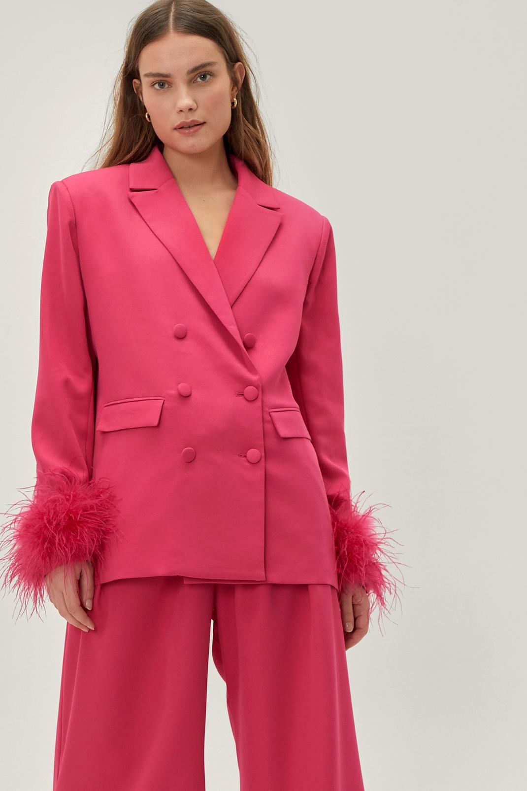 Pink Feather Trim Suit Blazer image number 1
