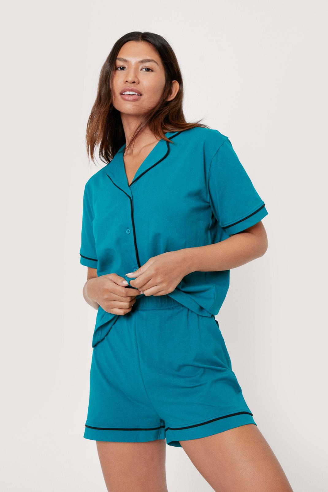 Emerald Contrast Piped Pajama Shirt and Shorts Set image number 1