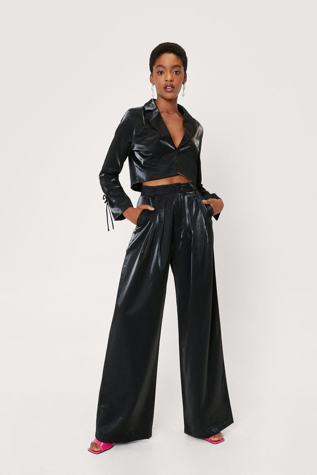 Black Glass Fabric High Waisted Wide Leg Pants image number 1
