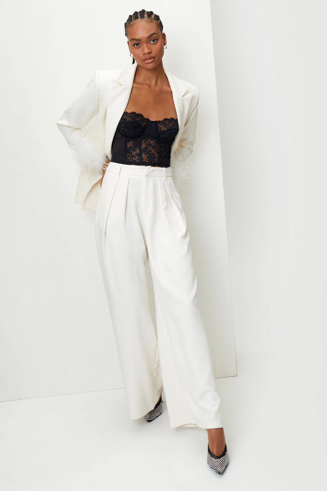 Ivory Pleated Wide Leg Belted Suit Pants image number 1