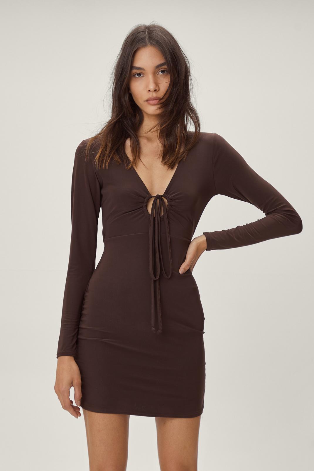 Chocolate Double Slinky Tie Front Bodycon Mini Dress image number 1