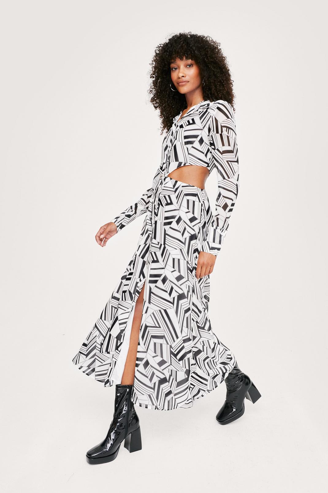 Black Abstract Print Cut Out Midi Shirt Dress image number 1
