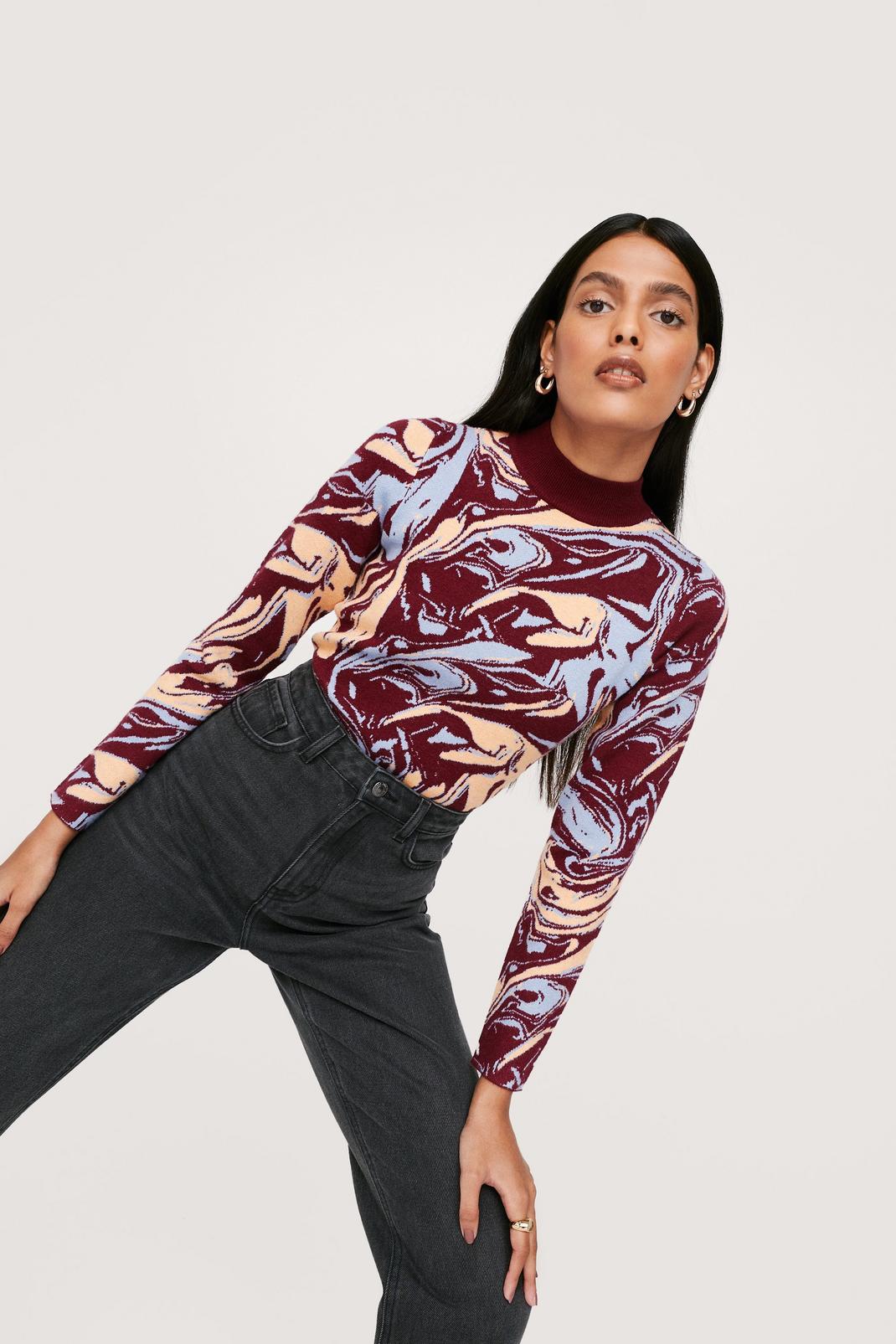 Maroon Abstract Marble Print High Neck Bodysuit image number 1