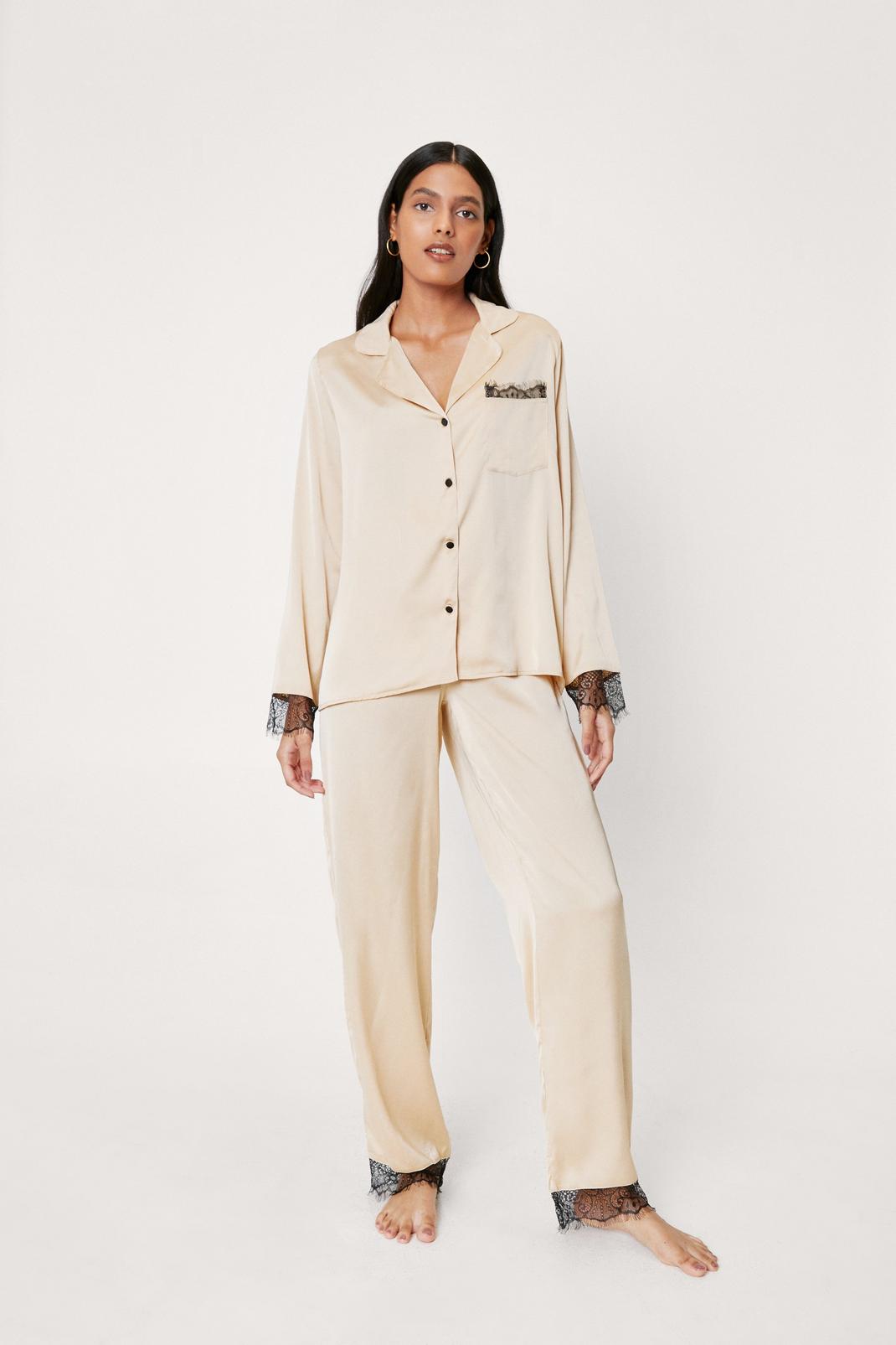 Champagne Premium Satin Lace Trim Pyjama Trousers Set image number 1