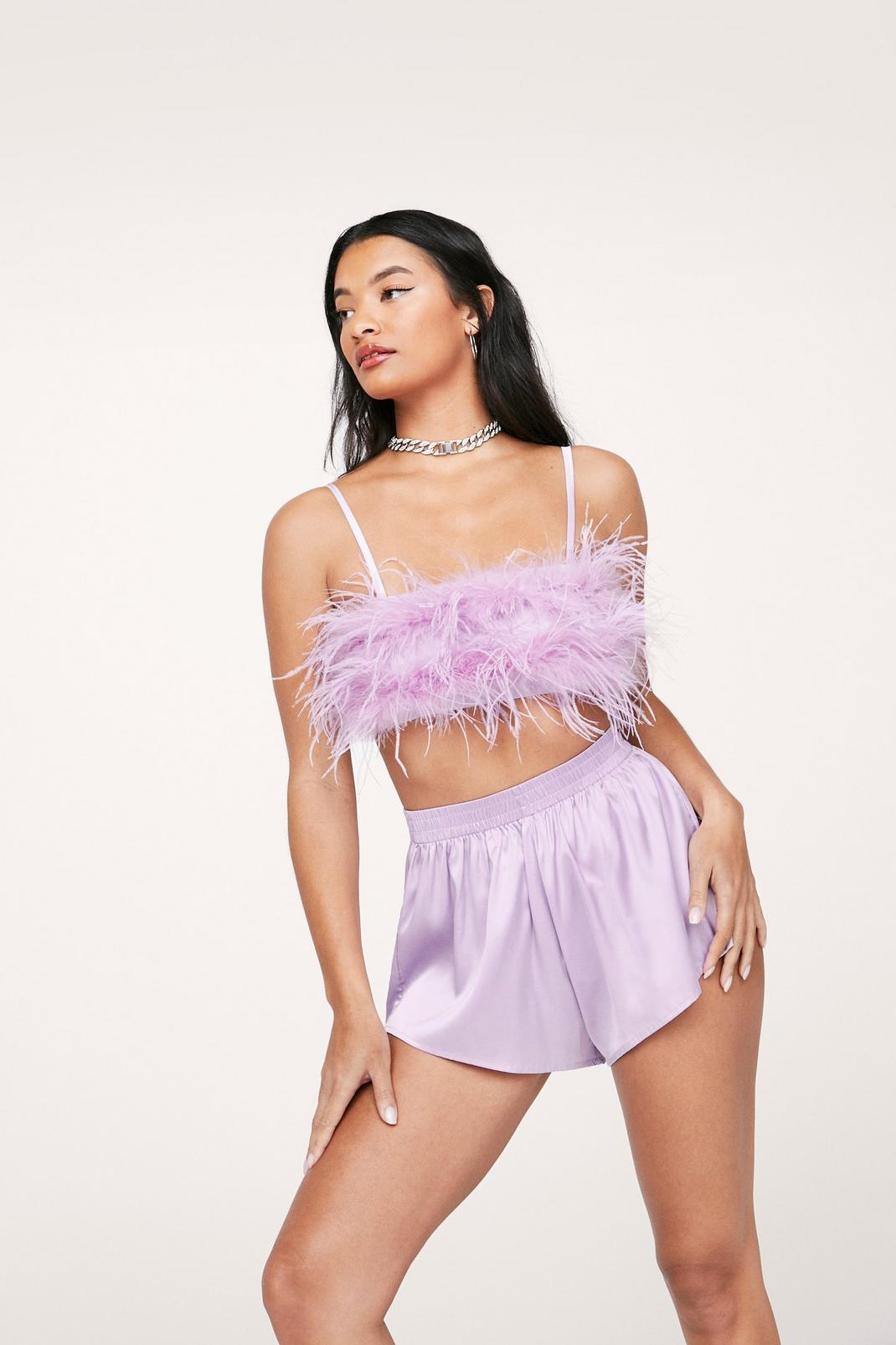 Lilac Satin Feather Cami Top and Short Pajama Set image number 1
