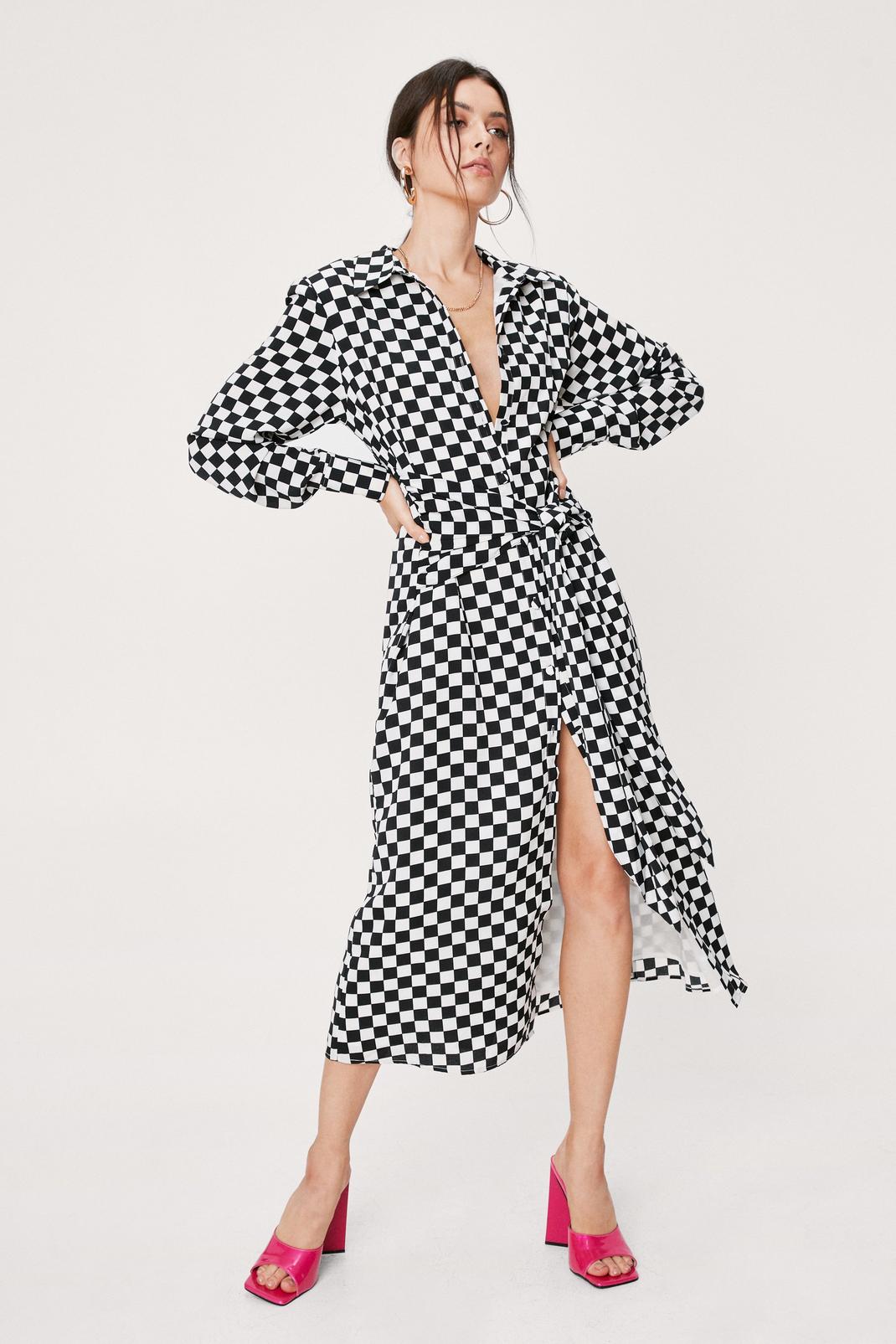 Checkerboard Tie Front Midi Shirt Dress image number 1
