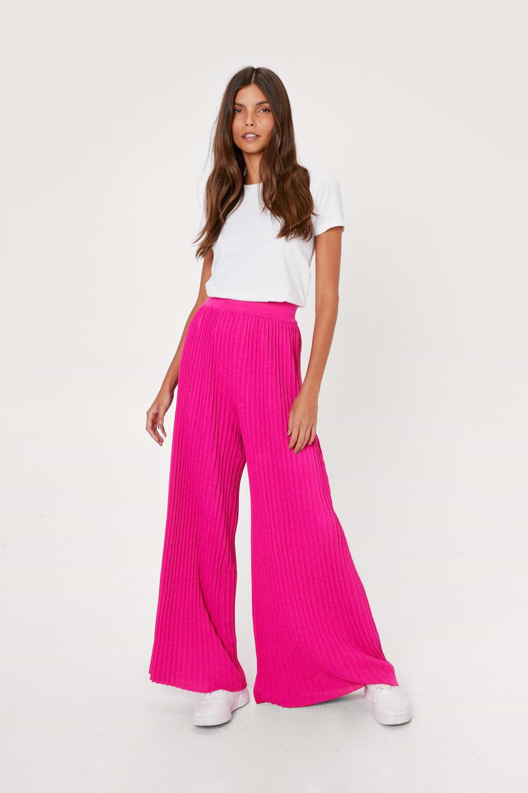 Hot pink Knitted Pleated Plisse Wide Leg Trousers image number 1