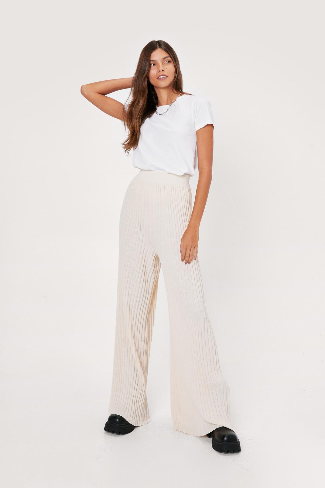 Oatmeal Knitted Pleated Plisse Wide Leg Pants image number 1