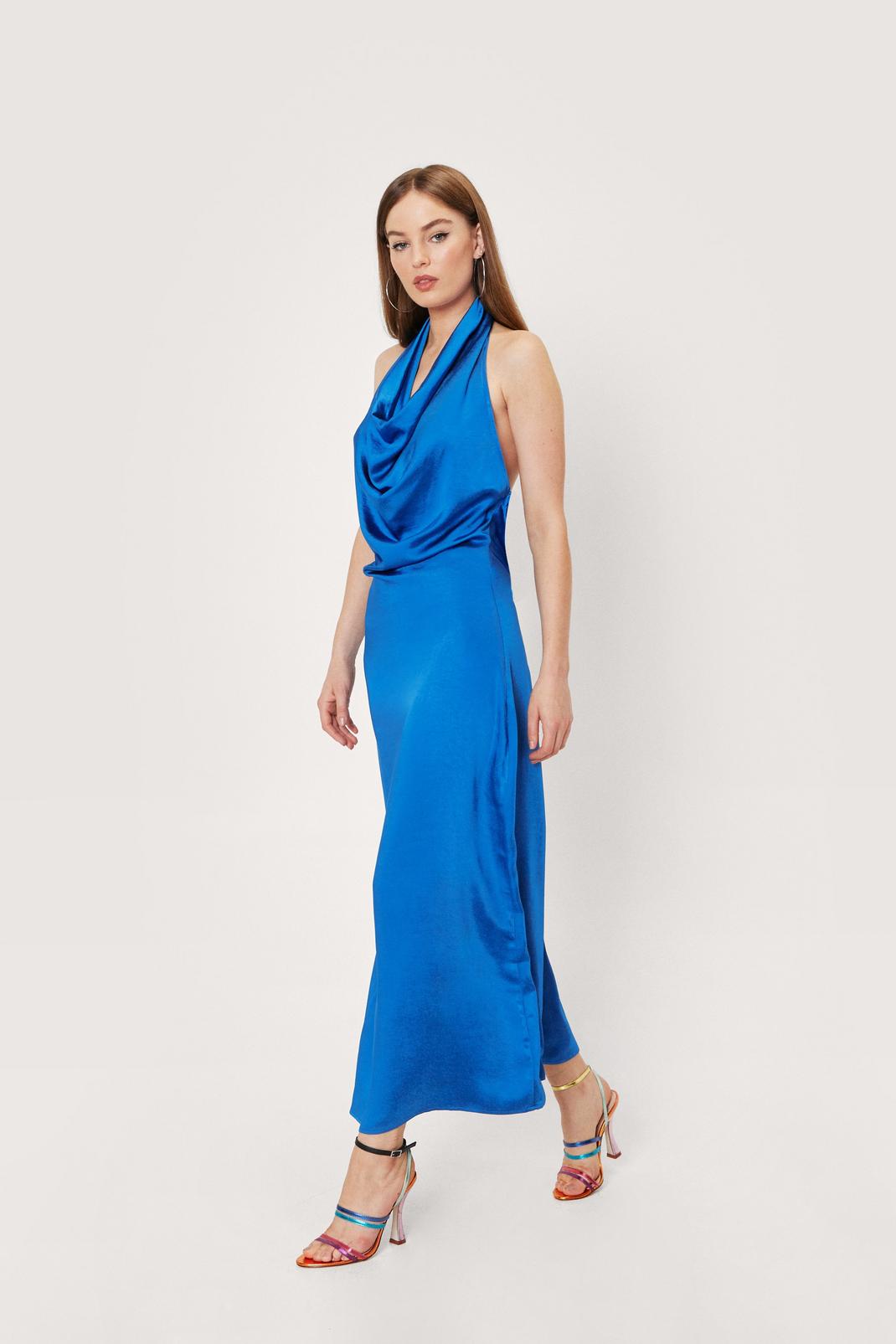 Cobalt Slinky Cowl Neck Backless Maxi Dress image number 1
